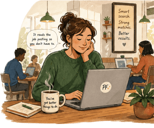 Woman at laptop in cafe — Perfect Fit in action